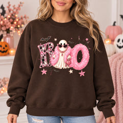 Boo Ghost Halloween Sweatshirt, Pink Coquette BOO Ghost Graphic Pullover for Women