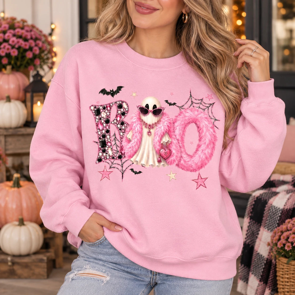 Boo Ghost Halloween Sweatshirt, Pink Coquette BOO Ghost Graphic Pullover for Women