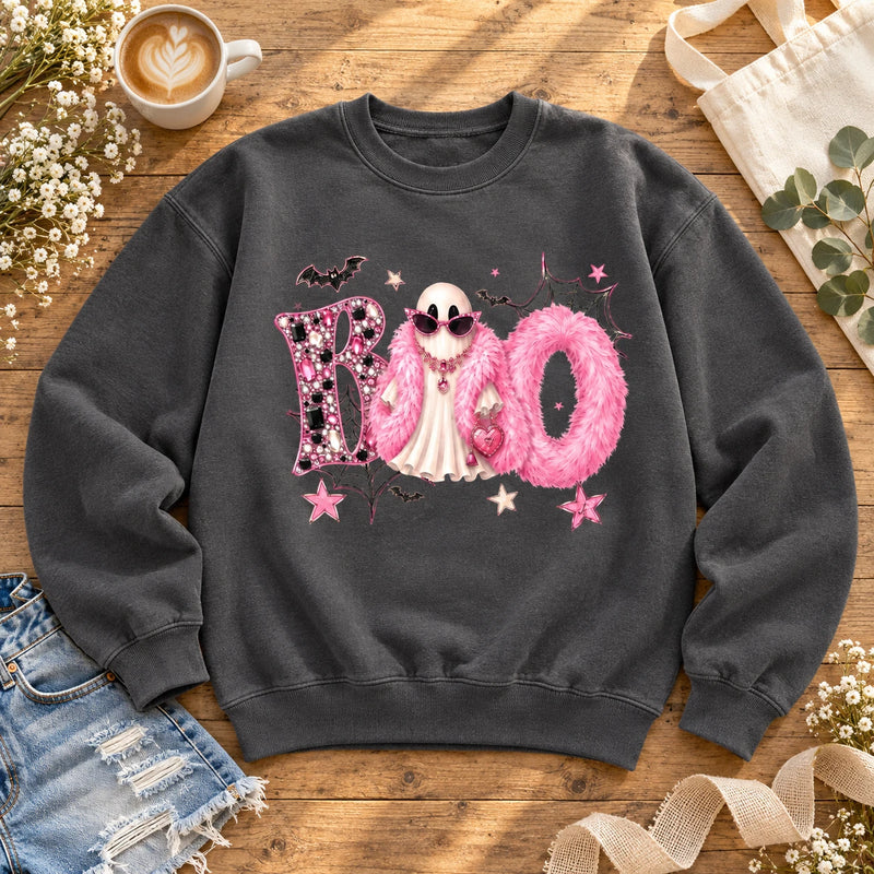 Boo Ghost Halloween Sweatshirt, Pink Coquette BOO Ghost Graphic Pullover for Women