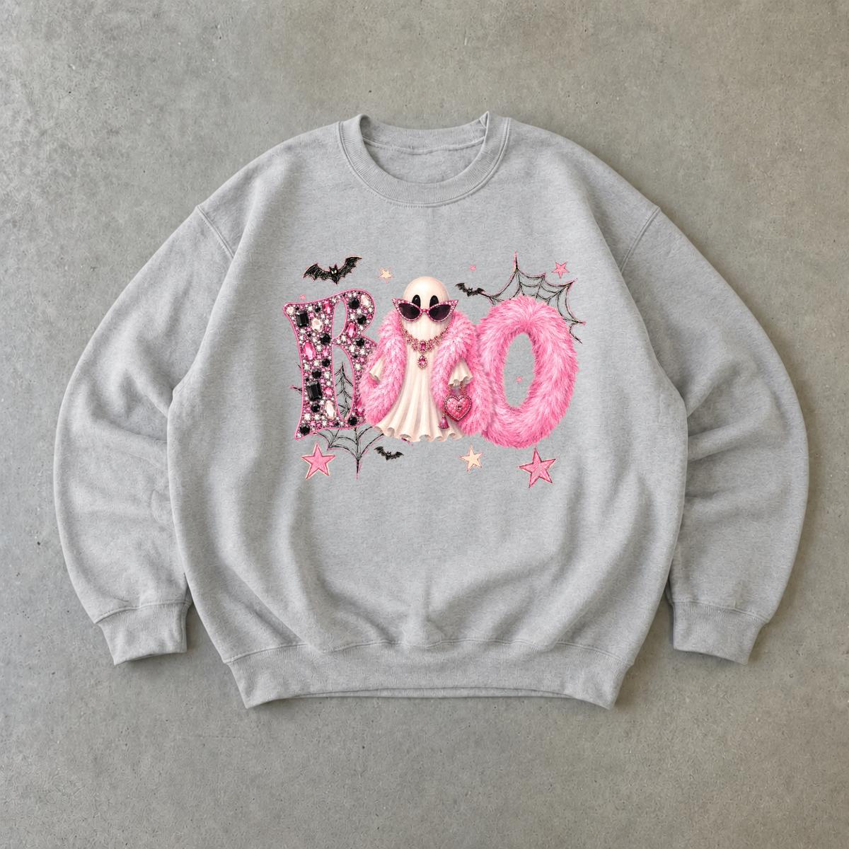 Boo Ghost Halloween Sweatshirt, Pink Glam Ghost BOO, Spooky Season Women Coquette Cute Design