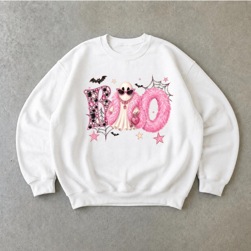 Boo Ghost Halloween Sweatshirt, Pink Glam Ghost BOO, Spooky Season Women Coquette Cute Design