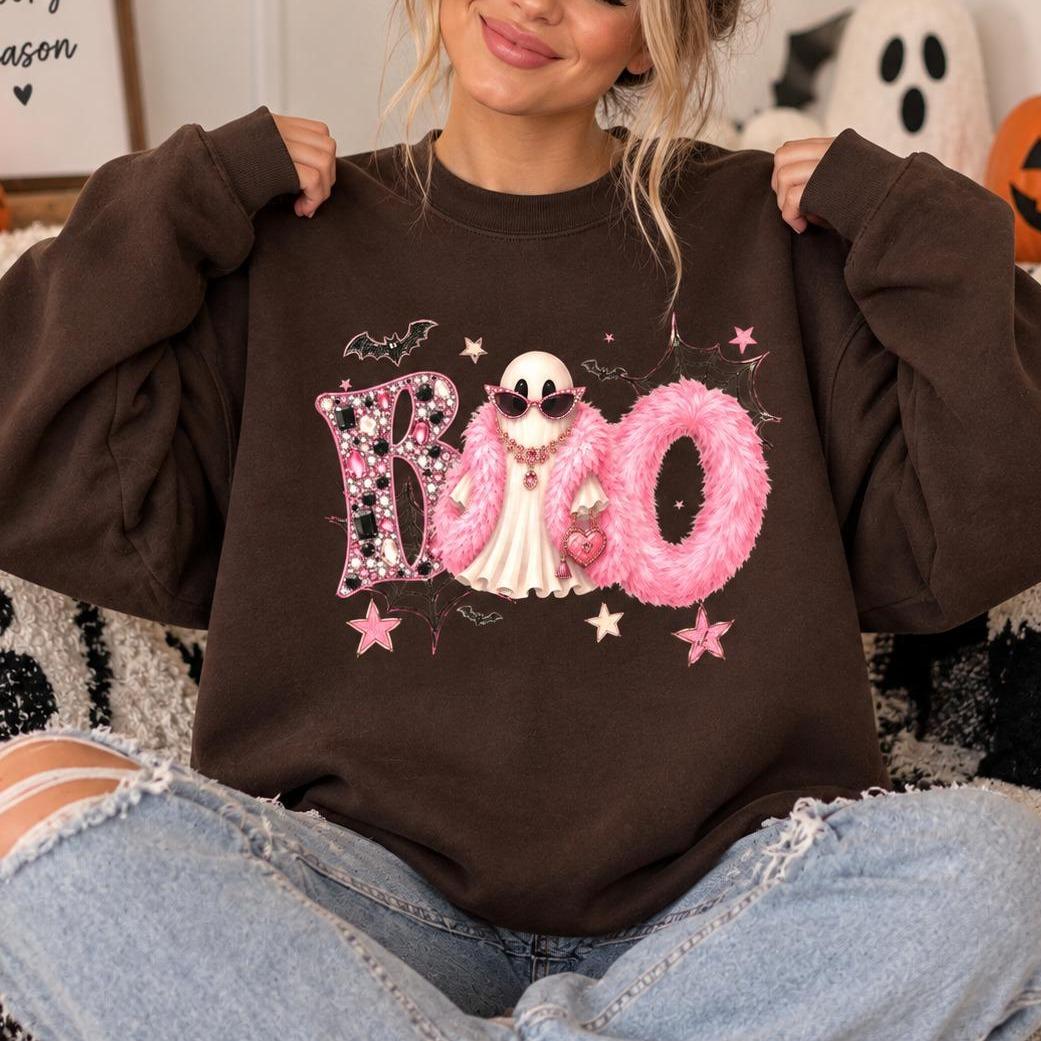 Boo Ghost Halloween Sweatshirt, Pink Glam Ghost BOO, Spooky Season Women Coquette Cute Design