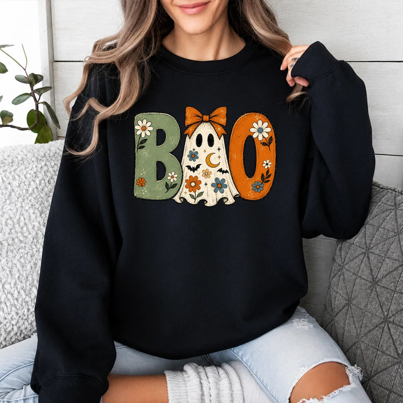 Boo Ghost Sweatshirt, Floral BOO Ghost Halloween Women Vintage Coquette Design