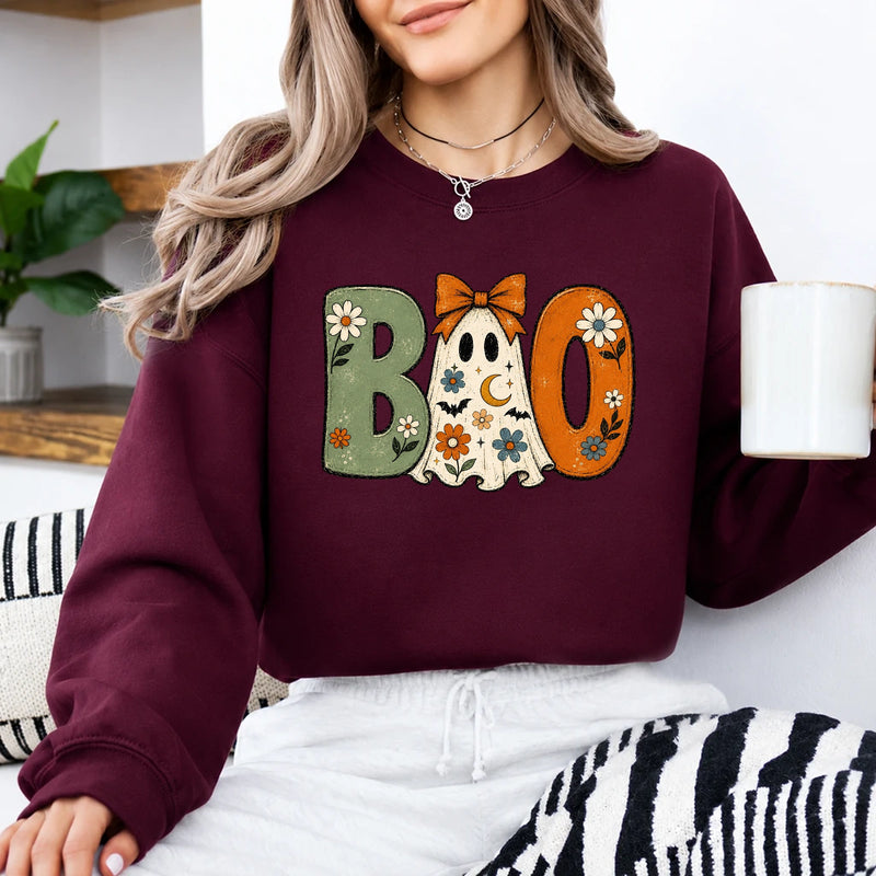 Boo Ghost Sweatshirt, Floral BOO Ghost Halloween Women Vintage Coquette Design
