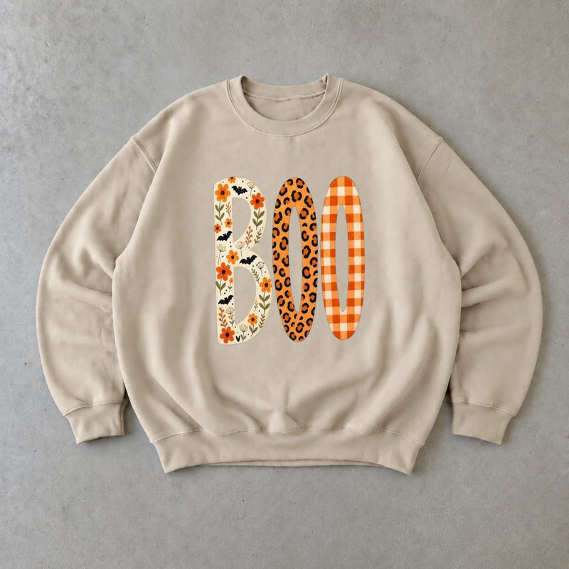 Boo Halloween Sweatshirt, Cute Fall Ghost Crewneck, Floral Leopard Plaid Pumpkin Letter Shirt, Spooky Season Pullover, Halloween Party Outfit, Autumn Gift For Her, Cozy Vintage Halloween Sweatshirt