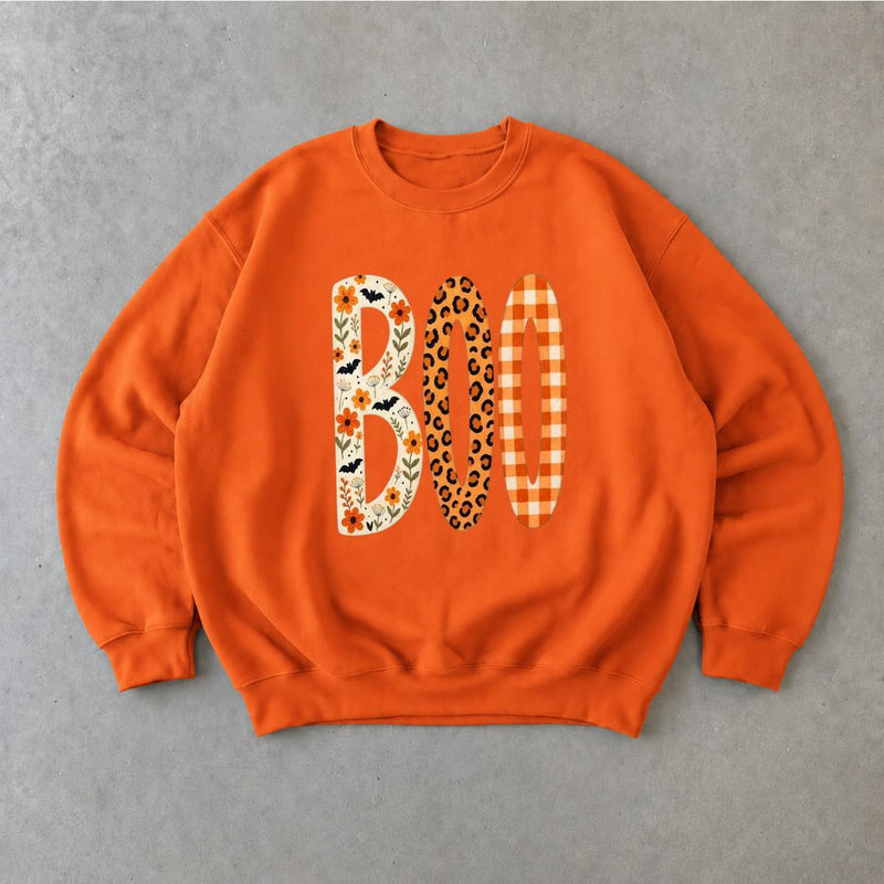 Boo Halloween Sweatshirt, Cute Fall Ghost Crewneck, Floral Leopard Plaid Pumpkin Letter Shirt, Spooky Season Pullover, Halloween Party Outfit, Autumn Gift For Her, Cozy Vintage Halloween Sweatshirt