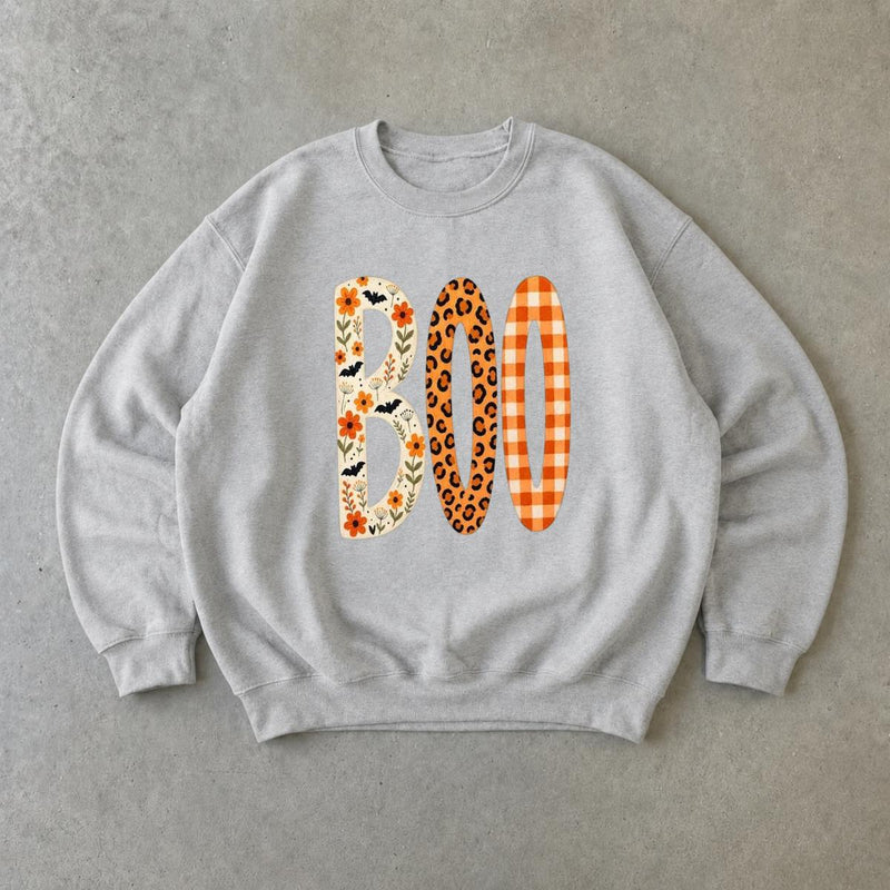 Boo Halloween Sweatshirt, Cute Fall Ghost Crewneck, Floral Leopard Plaid Pumpkin Letter Shirt, Spooky Season Pullover, Halloween Party Outfit, Autumn Gift For Her, Cozy Vintage Halloween Sweatshirt