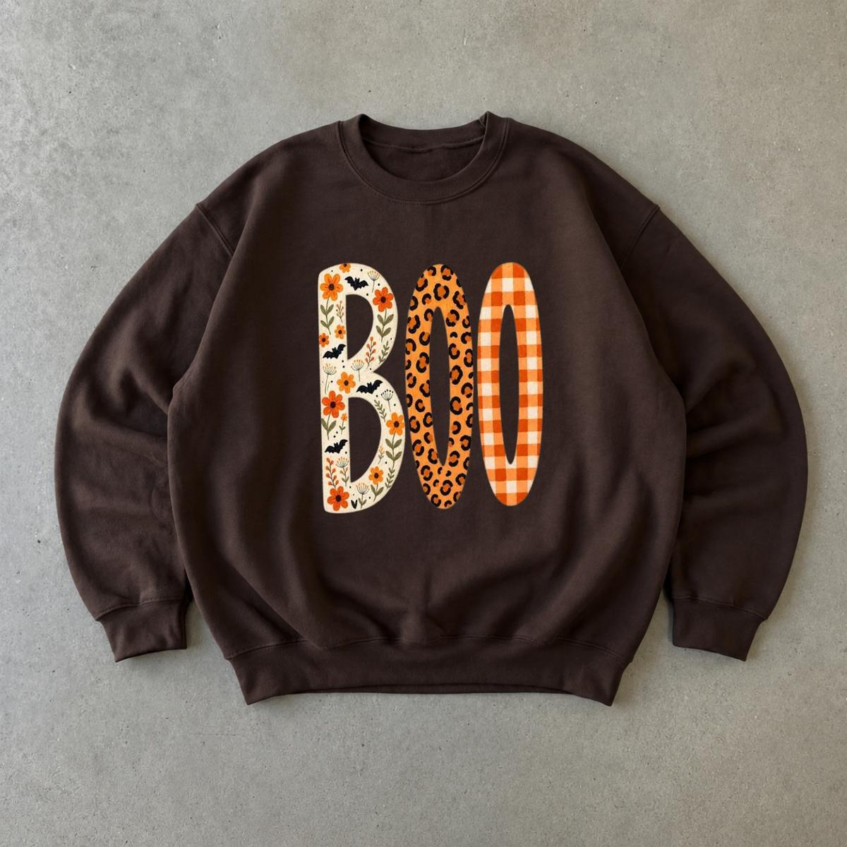 Boo Halloween Sweatshirt, Cute Fall Ghost Crewneck, Floral Leopard Plaid Pumpkin Letter Shirt, Spooky Season Pullover, Halloween Party Outfit, Autumn Gift For Her, Cozy Vintage Halloween Sweatshirt