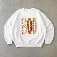 Boo Halloween Sweatshirt, Cute Fall Ghost Crewneck, Floral Leopard Plaid Pumpkin Letter Shirt, Spooky Season Pullover, Halloween Party Outfit, Autumn Gift For Her, Cozy Vintage Halloween Sweatshirt