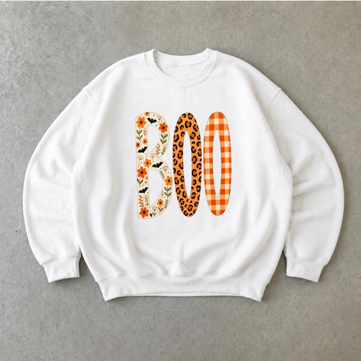 Boo Halloween Sweatshirt, Cute Fall Ghost Crewneck, Floral Leopard Plaid Pumpkin Letter Shirt, Spooky Season Pullover, Halloween Party Outfit, Autumn Gift For Her, Cozy Vintage Halloween Sweatshirt