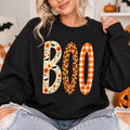 Boo Halloween Sweatshirt, Cute Fall Ghost Crewneck, Floral Leopard Plaid Pumpkin Letter Shirt, Spooky Season Pullover, Halloween Party Outfit, Autumn Gift For Her, Cozy Vintage Halloween Sweatshirt