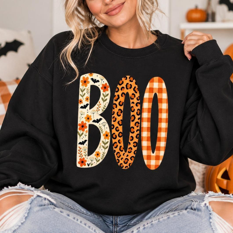 Boo Halloween Sweatshirt, Cute Fall Ghost Crewneck, Floral Leopard Plaid Pumpkin Letter Shirt, Spooky Season Pullover, Halloween Party Outfit, Autumn Gift For Her, Cozy Vintage Halloween Sweatshirt