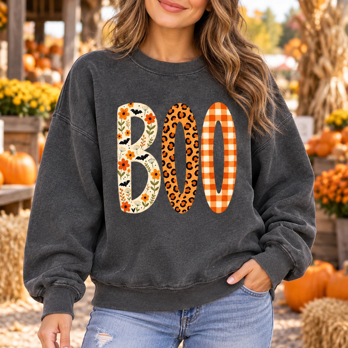 BOO Halloween Sweatshirt for Women Cute Spooky Season Floral Leopard Plaid
