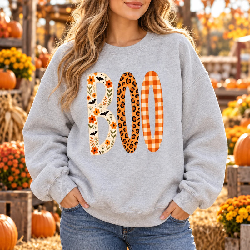 BOO Halloween Sweatshirt for Women Cute Spooky Season Floral Leopard Plaid