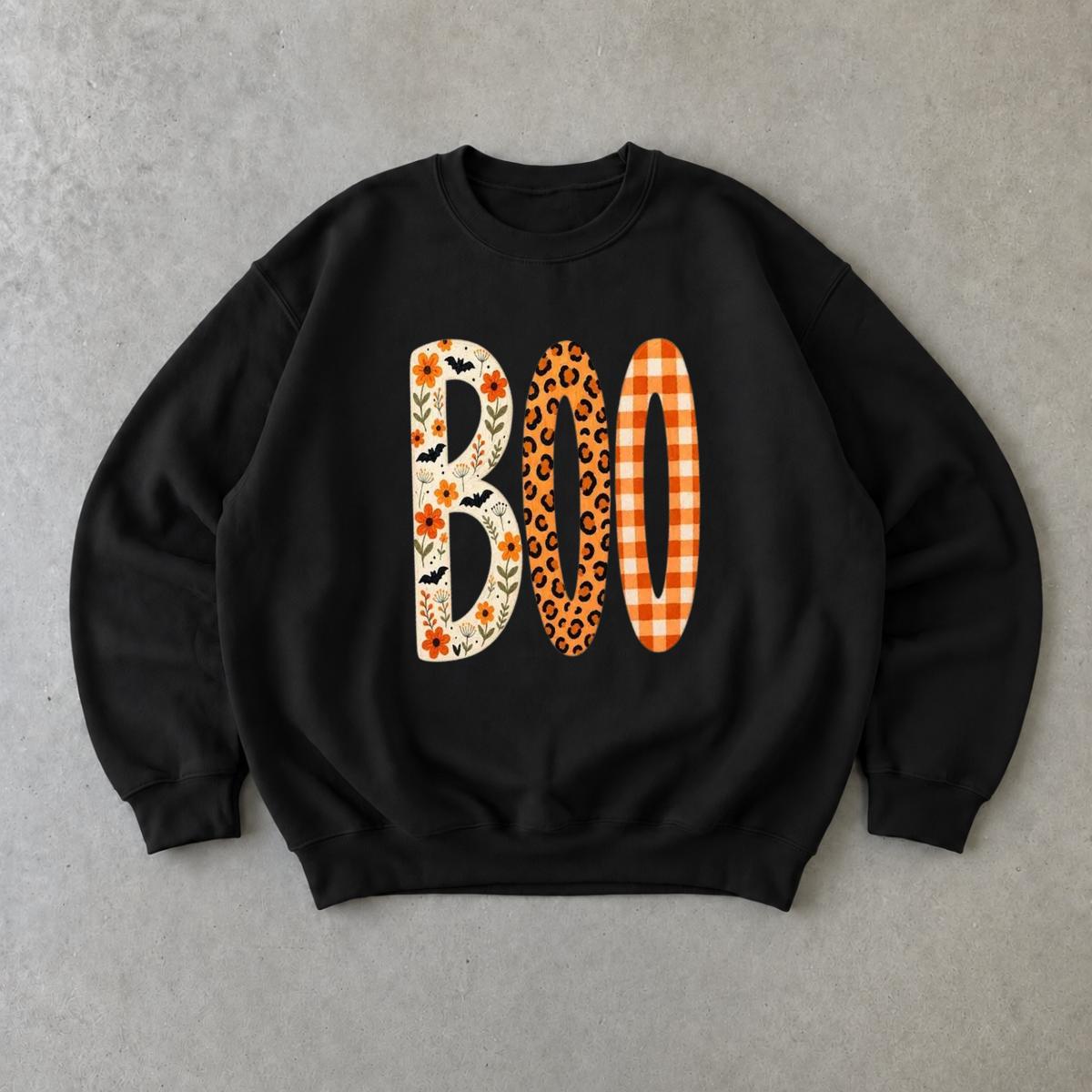 BOO Halloween Sweatshirt for Women Cute Spooky Season Floral Leopard Plaid