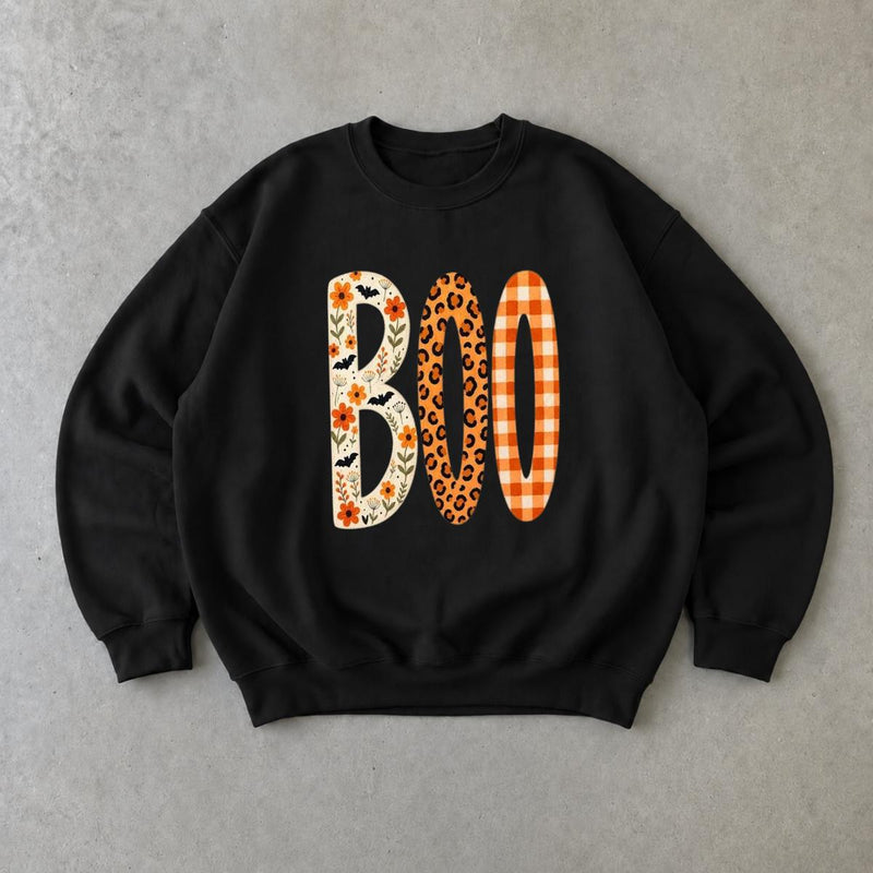 BOO Halloween Sweatshirt for Women Cute Spooky Season Floral Leopard Plaid