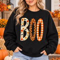 BOO Halloween Sweatshirt, Floral Leopard Plaid Letters, Spooky Season Gift for Women