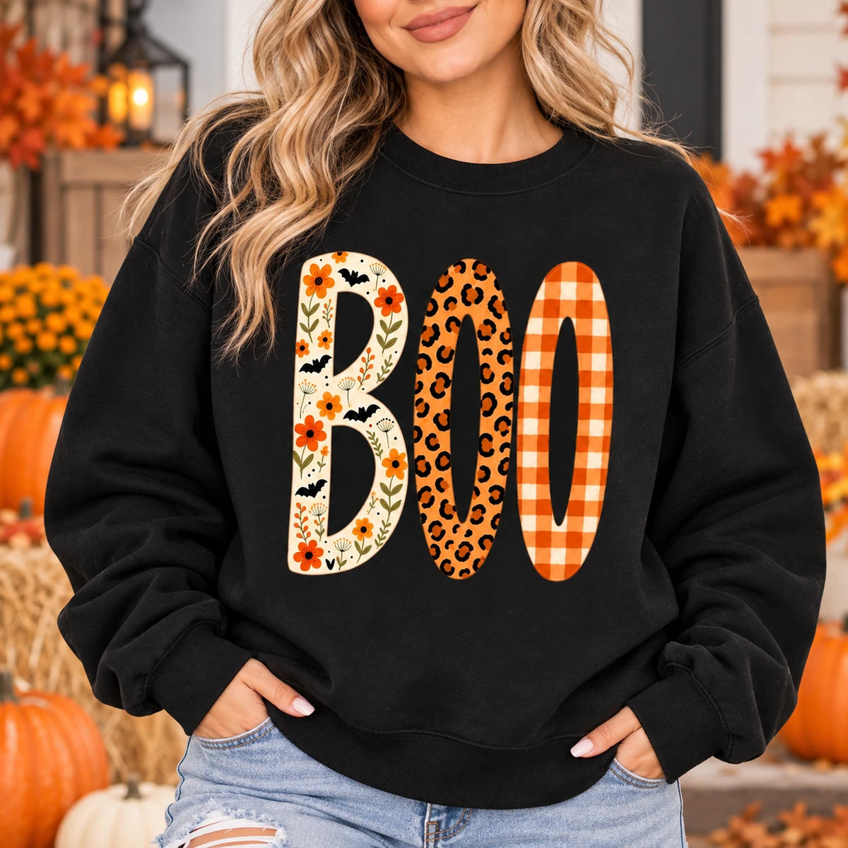 BOO Halloween Sweatshirt for Women Cute Spooky Season Floral Leopard Plaid