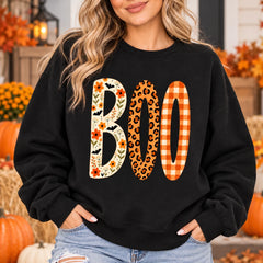 BOO Halloween Sweatshirt for Women Cute Spooky Season Floral Leopard Plaid