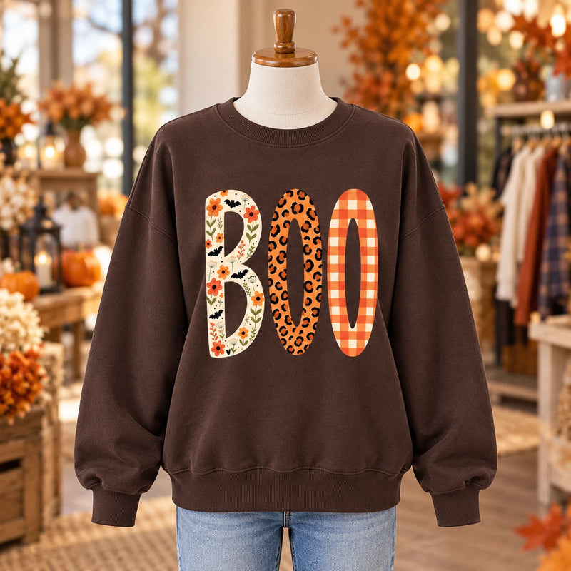 BOO Halloween Sweatshirt for Women Cute Spooky Season Floral Leopard Plaid