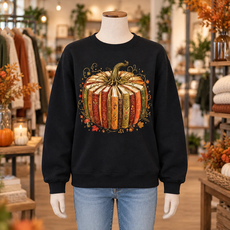Book Pumpkin Graphic Sweatshirt and T-Shirt, Fall Reading for Women Book Lovers, Vintage Autumn Reader Gift