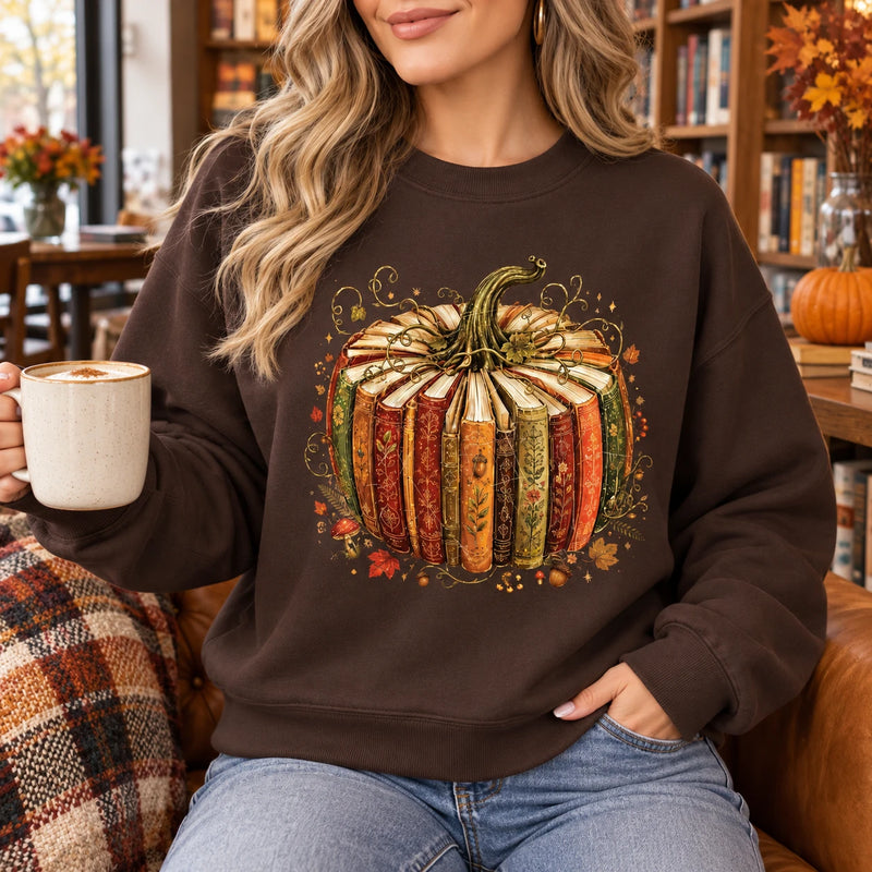 Book Pumpkin Graphic Sweatshirt and T-Shirt, Fall Reading for Women Book Lovers, Vintage Autumn Reader Gift