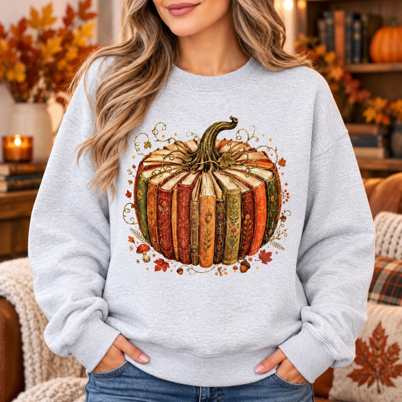 Book Pumpkin Graphic Sweatshirt and T-Shirt, Fall Reading for Women Book Lovers, Vintage Autumn Reader Gift