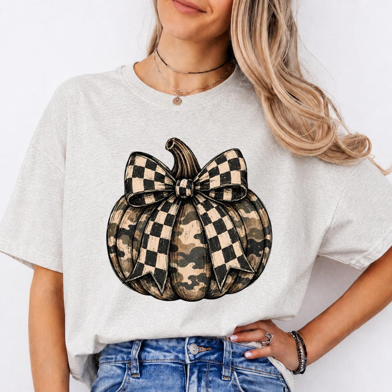 Camo Pumpkin Bow Rustic Fall Pumpkin Sweatshirt and T-Shirt Fall Thanksgiving Women Rustic Farmhouse Style