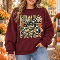 Camo Pumpkin Bow Sweatshirt, Plaid Leopard Fall Graphic Crewneck, Rustic Thanksgiving Autumn Pullover for Women