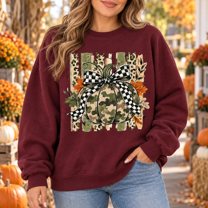 Camo Pumpkin Bow Sweatshirt, Plaid Leopard Fall Graphic Crewneck, Rustic Thanksgiving Autumn Pullover for Women