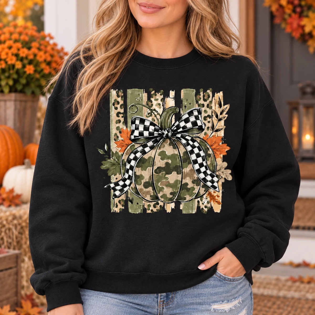 Camo Pumpkin Bow Sweatshirt, Plaid Leopard Fall Graphic Crewneck, Rustic Thanksgiving Autumn Pullover for Women