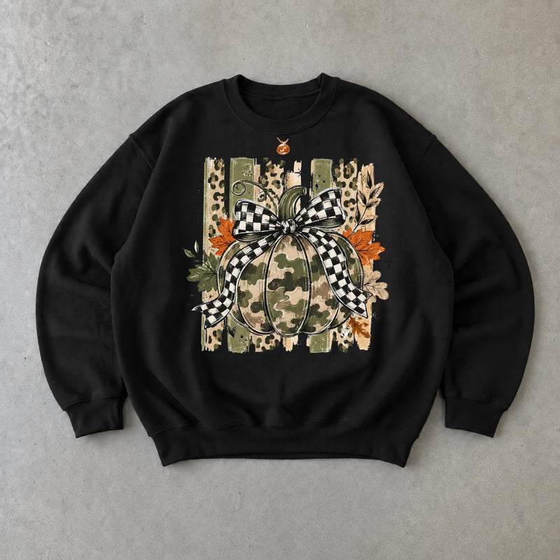 Camo Pumpkin Bow Sweatshirt, Rustic Pumpkin Graphic, Fall Thanksgiving Women, Plaid Leopard Autumn Style