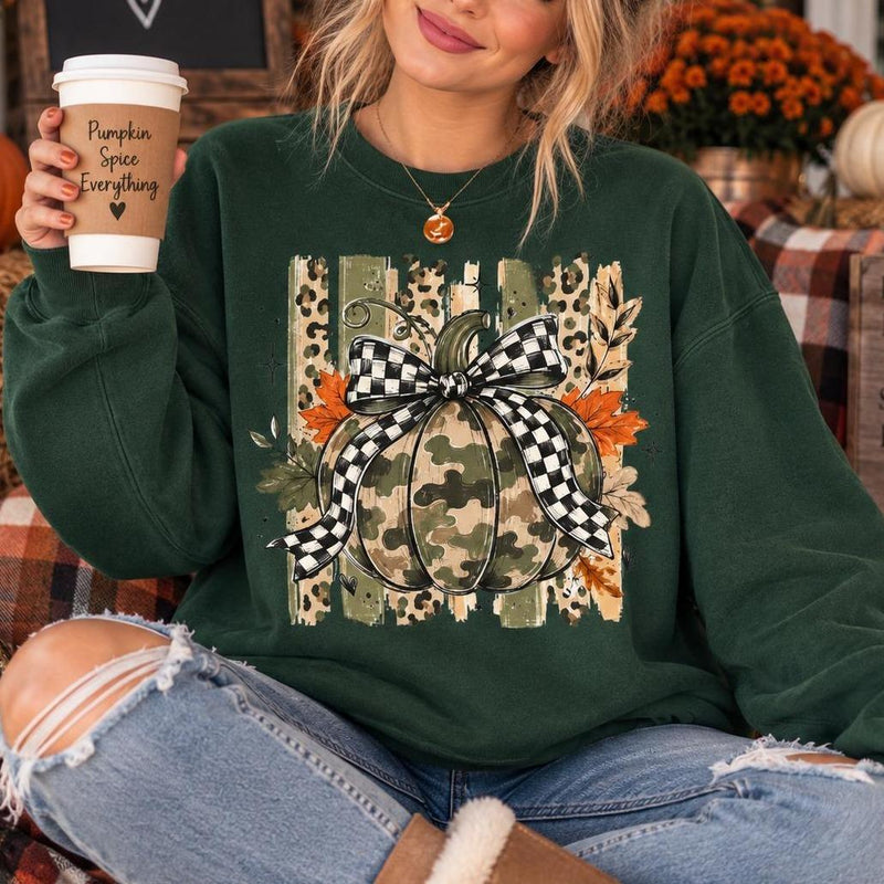 Camo Pumpkin Bow Sweatshirt, Rustic Pumpkin Graphic, Fall Thanksgiving Women, Plaid Leopard Autumn Style
