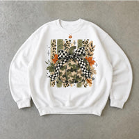 Camo Pumpkin Bow Sweatshirt, Rustic Pumpkin Graphic, Fall Thanksgiving Women, Plaid Leopard Autumn Style
