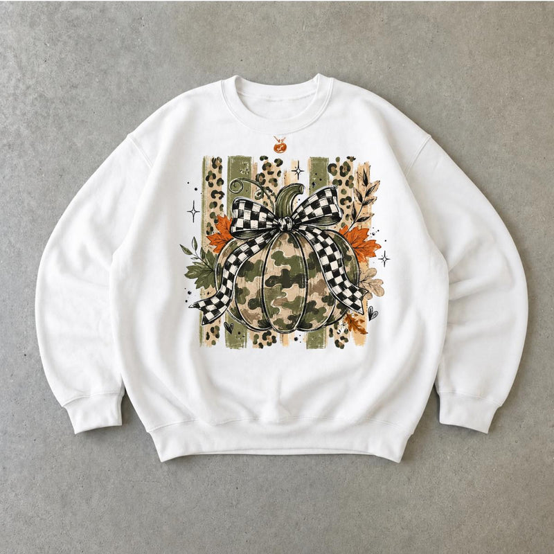 Camo Pumpkin Bow Sweatshirt, Rustic Pumpkin Graphic, Fall Thanksgiving Women, Plaid Leopard Autumn Style