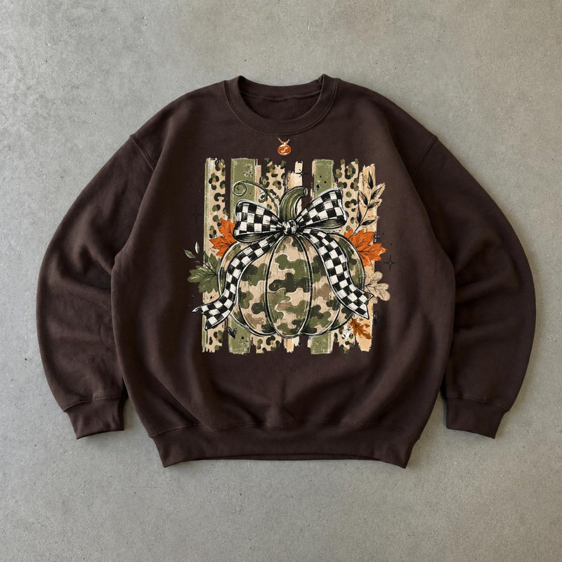 Camo Pumpkin Bow Sweatshirt, Rustic Pumpkin Graphic, Fall Thanksgiving Women, Plaid Leopard Autumn Style