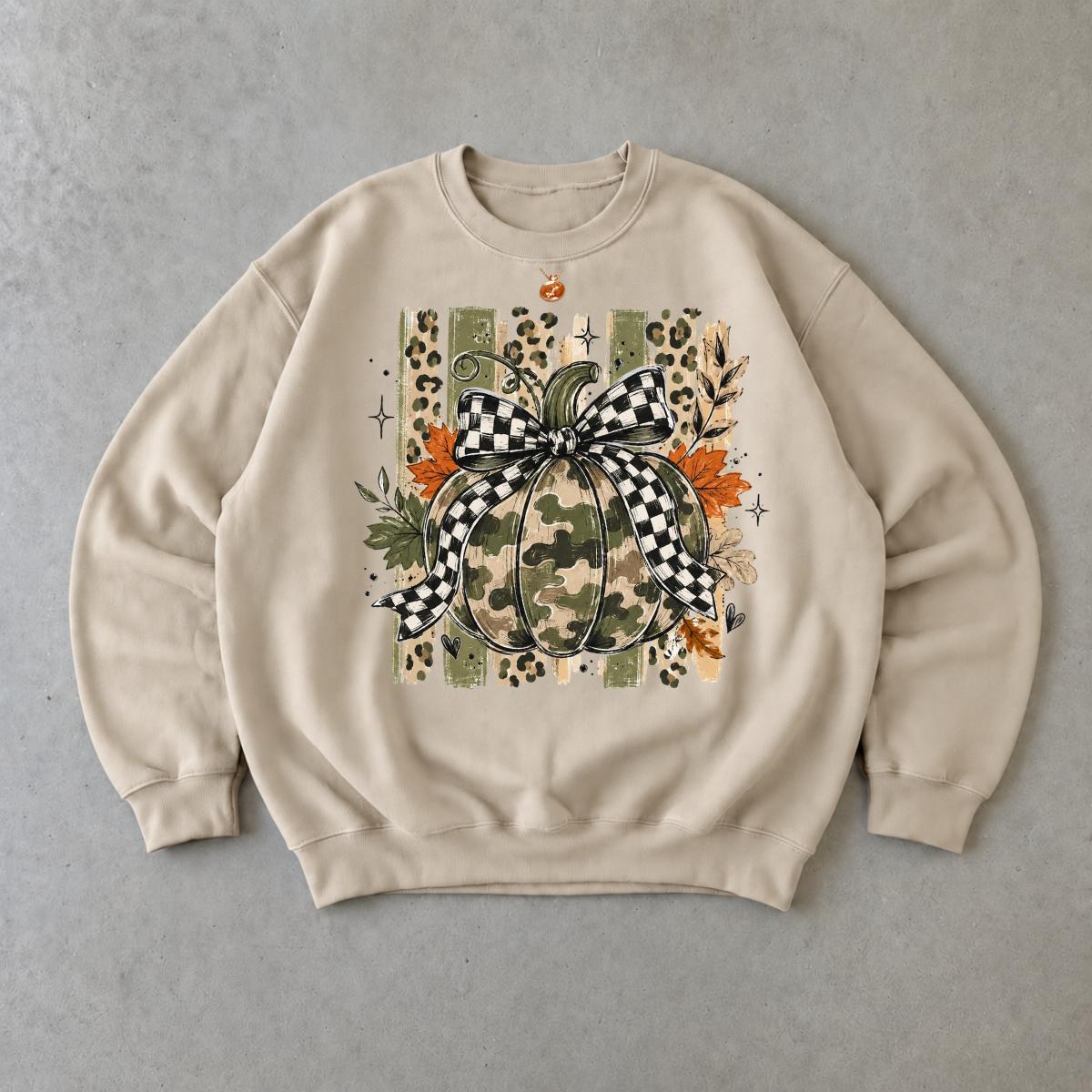 Camo Pumpkin Bow Sweatshirt, Rustic Pumpkin Graphic, Fall Thanksgiving Women, Plaid Leopard Autumn Style