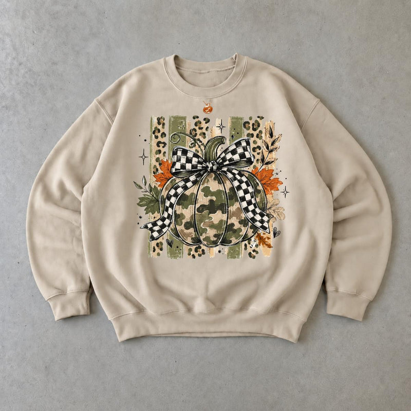 Camo Pumpkin Bow Sweatshirt, Rustic Pumpkin Graphic, Fall Thanksgiving Women, Plaid Leopard Autumn Style