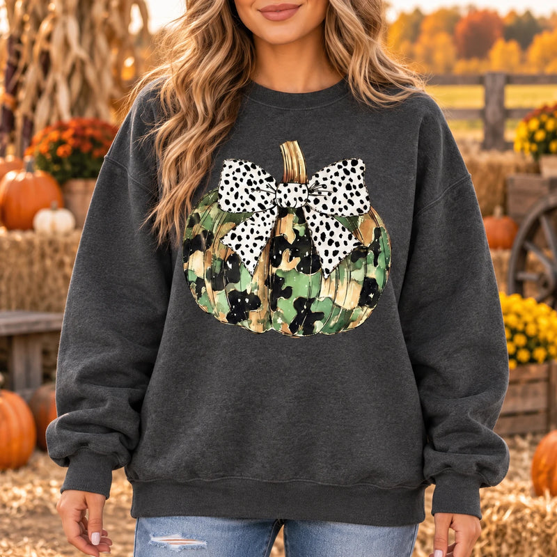 Camo Pumpkin Sweatshirt, Dalmatian Bow Fall Crewneck, Rustic Thanksgiving Pumpkin Patch Graphic for Women