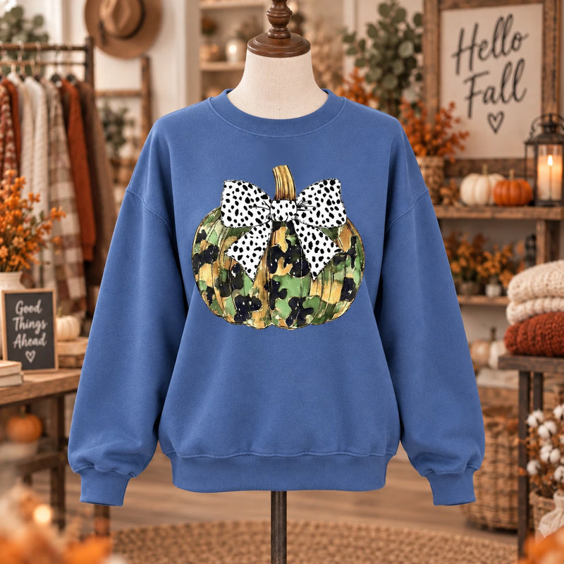 Camo Pumpkin Sweatshirt, Dalmatian Bow Fall Crewneck, Rustic Thanksgiving Pumpkin Patch Graphic for Women