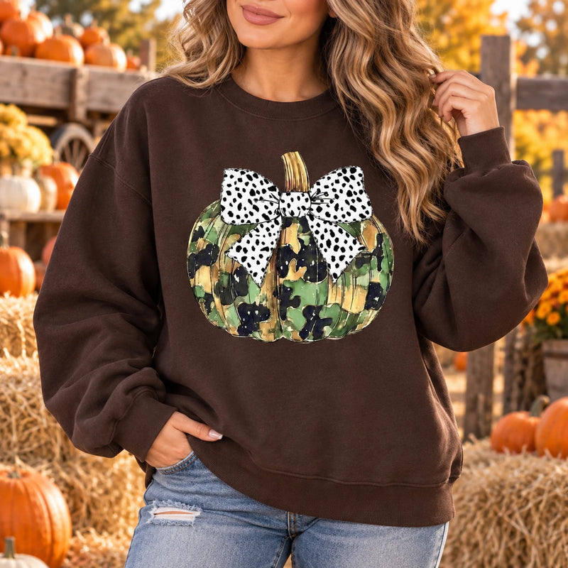Camo Pumpkin Sweatshirt, Dalmatian Bow Fall Crewneck, Rustic Thanksgiving Pumpkin Patch Graphic for Women