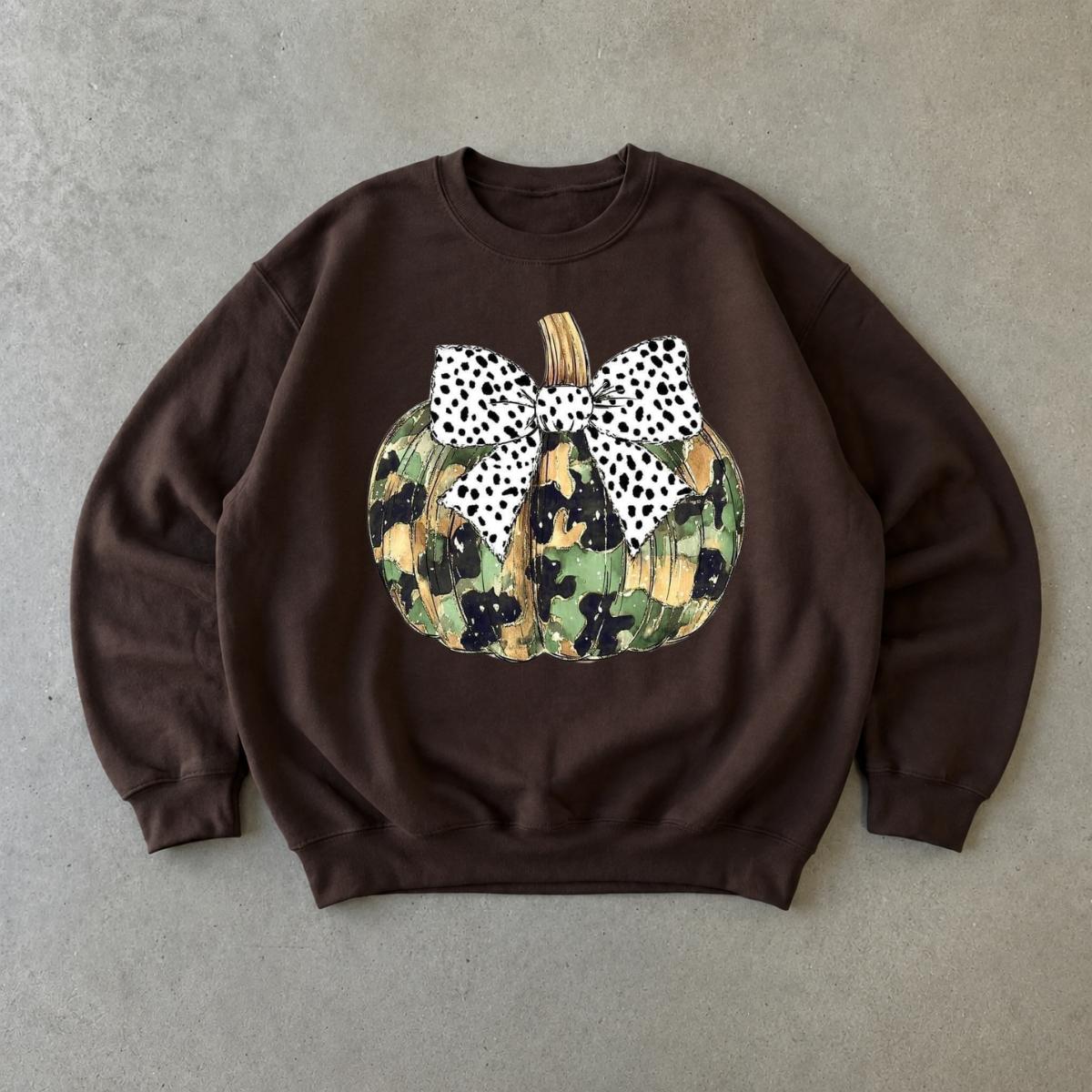 Camo Pumpkin Sweatshirt, Dalmatian Bow Pumpkin, Fall Thanksgiving Women Cute Rustic Coquette Design