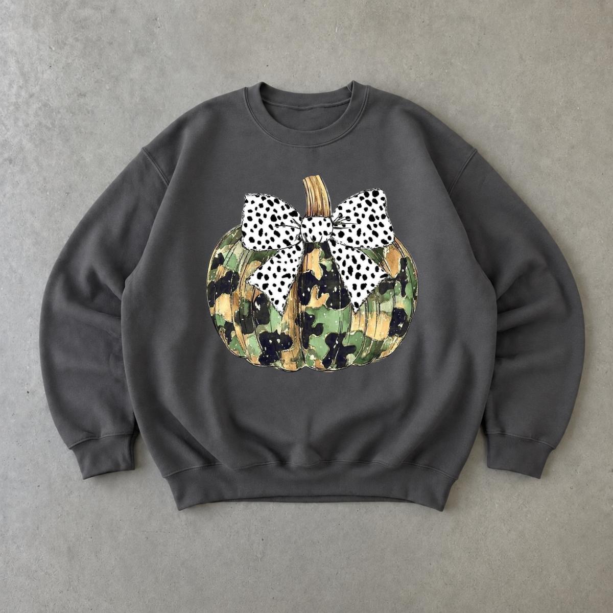 Camo Pumpkin Sweatshirt, Dalmatian Bow Pumpkin, Fall Thanksgiving Women Cute Rustic Coquette Design
