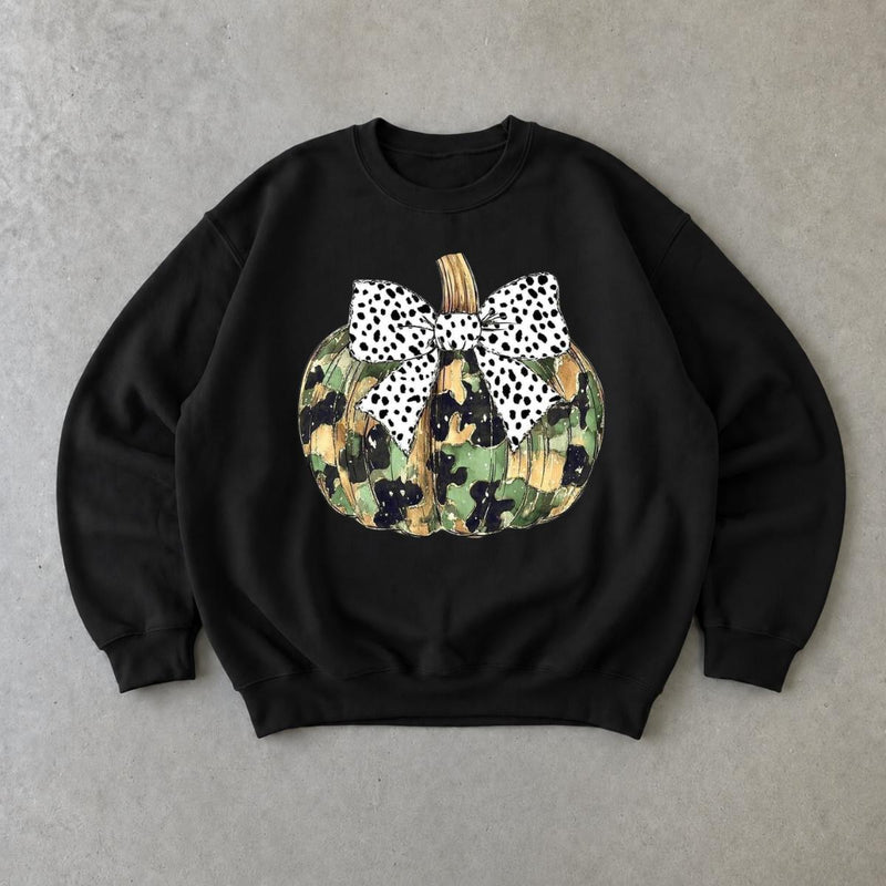 Camo Pumpkin Sweatshirt, Dalmatian Bow Pumpkin, Fall Thanksgiving Women Cute Rustic Coquette Design