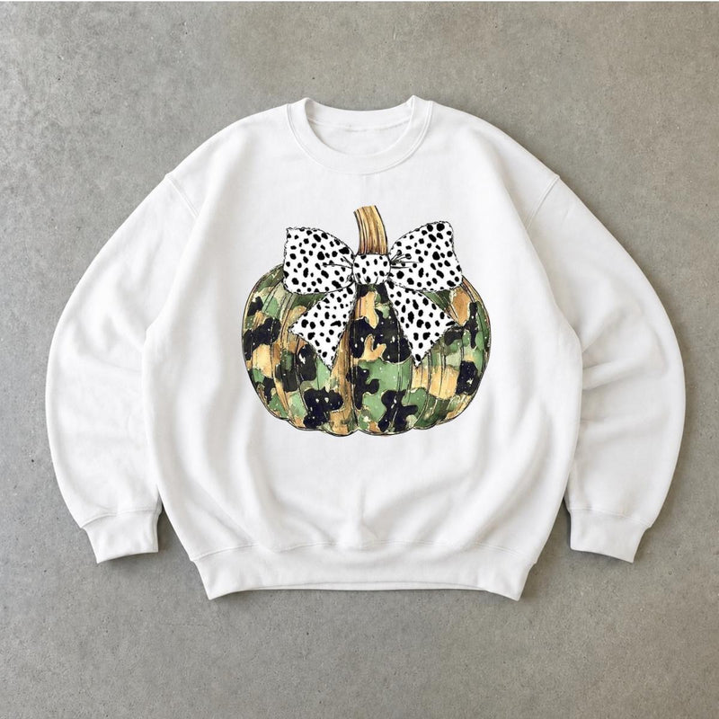 Camo Pumpkin Sweatshirt, Dalmatian Bow Pumpkin, Fall Thanksgiving Women Cute Rustic Coquette Design