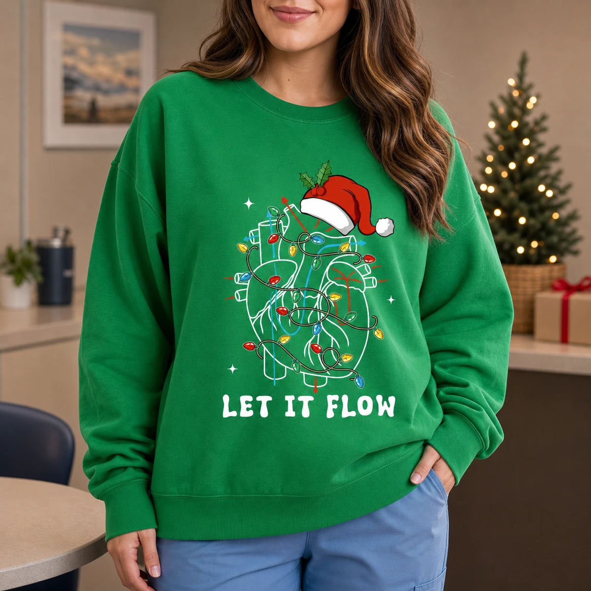 Cardiac Nurse Christmas Sweatshirt LET IT FLOW Holiday Heart Care Medical Design