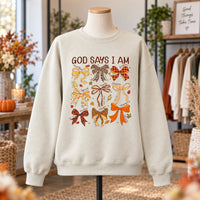 Christian Affirmation Gift for Women God Says I Am Faith Sweatshirt or T-Shirt Coquette Bow Design