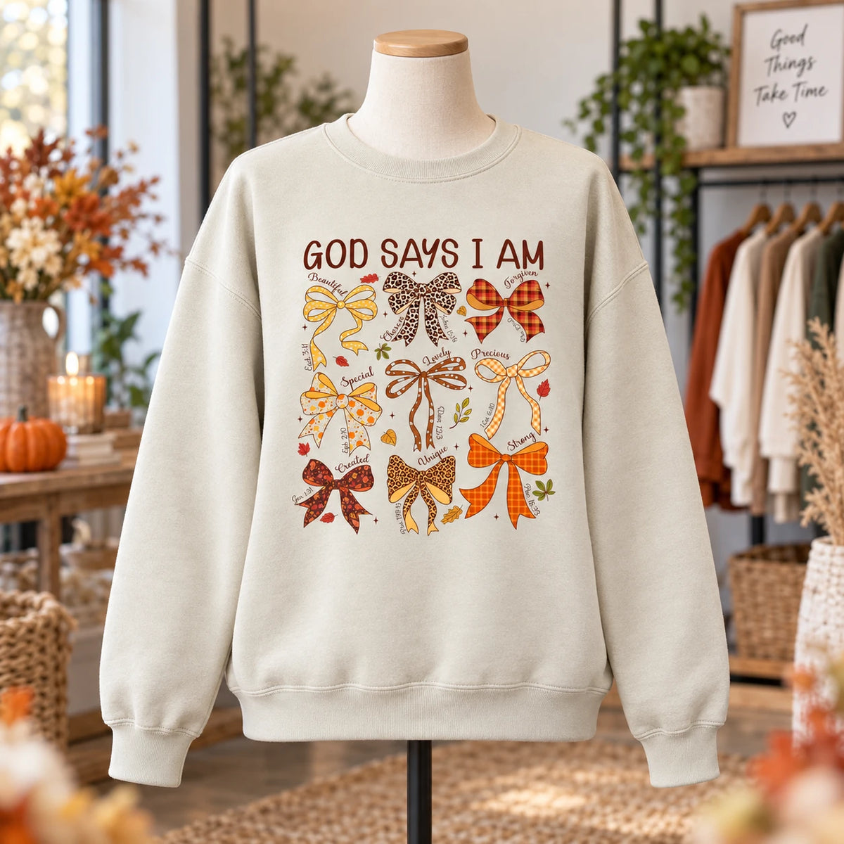 Christian Affirmation Gift for Women God Says I Am Faith Sweatshirt or T-Shirt Coquette Bow Design