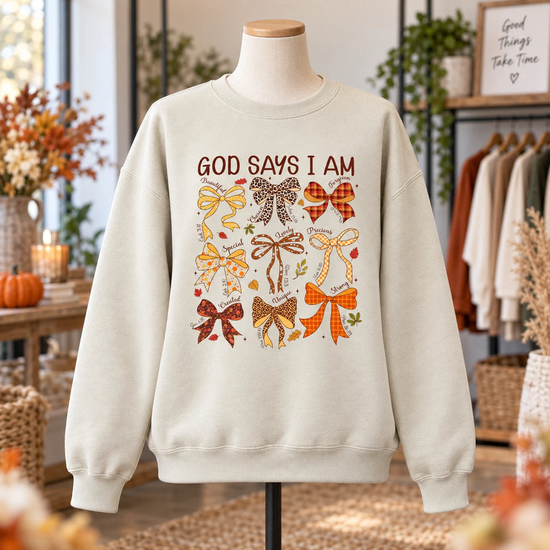 Christian Affirmation Gift for Women God Says I Am Faith Sweatshirt or T-Shirt Coquette Bow Design