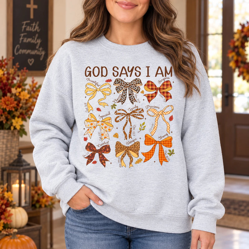 Christian Affirmation Gift for Women God Says I Am Faith Sweatshirt or T-Shirt Coquette Bow Design